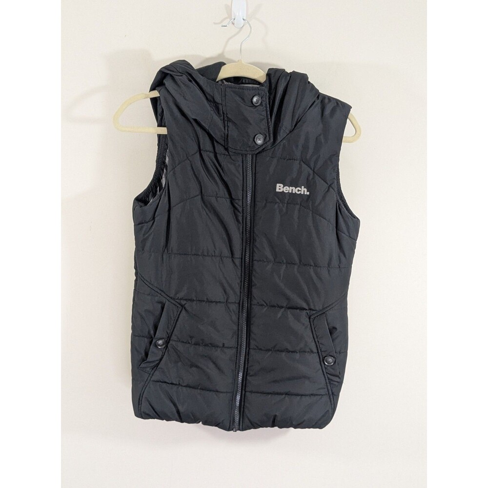 BENCH Puffer Vest Womens Black Quilted Pockets Full Zip Hood Fall Outdoor Sz XS